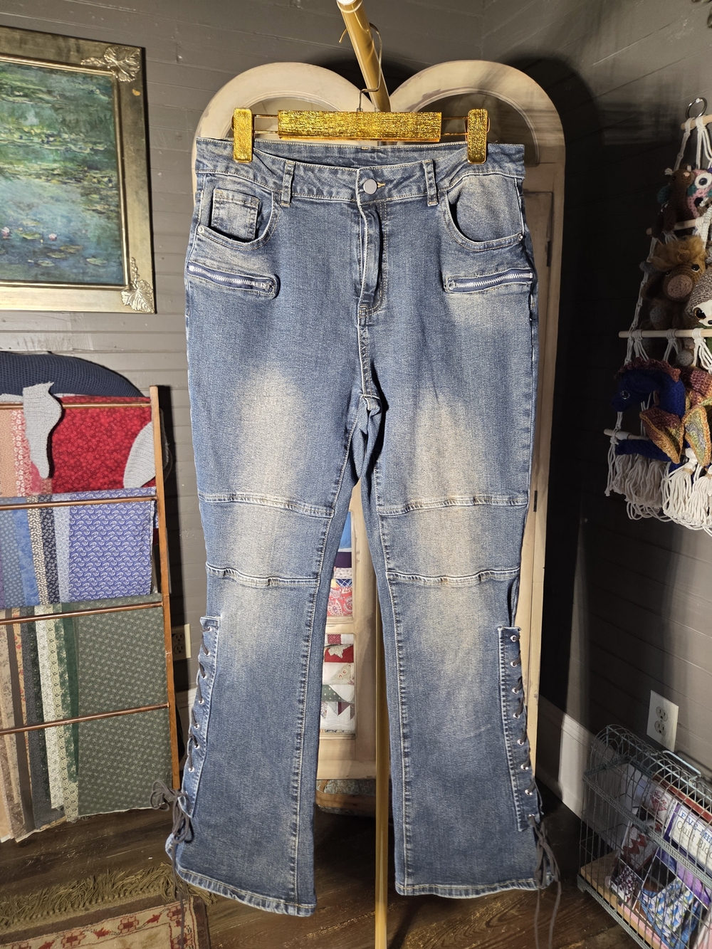 Women’s Light Blue Lace-Up Side Flare Jeans
